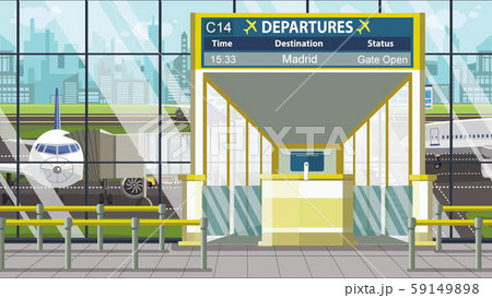 Airport departure board with Madrid caption. Travel in Spain related cartoon illustration Airport departure board with Madrid caption. Travel in Spain related cartoon illustration 59149898