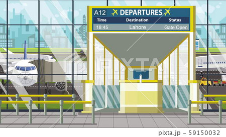 Flight to Lahore on airport departure board. Trip to Pakistan cartoon illustration Flight to Lahore on airport departure board. Trip to Pakistan cartoon illustration 59150032