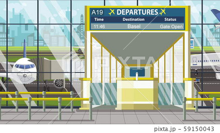 Departure board in the airport terminal with Basel caption. Travel to Switzerland cartoon Departure board in the airport terminal with Basel caption. Travel to Switzerland cartoon 59150043