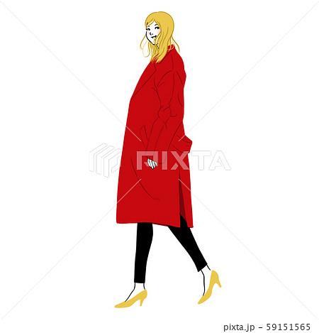街中を歩く赤いコートを着た若い女性のイラスト素材