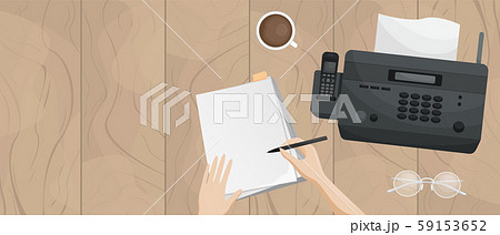 Workplace with a Fax and a girl signing documents. Workplace with a Fax and a girl signing documents. 59153652