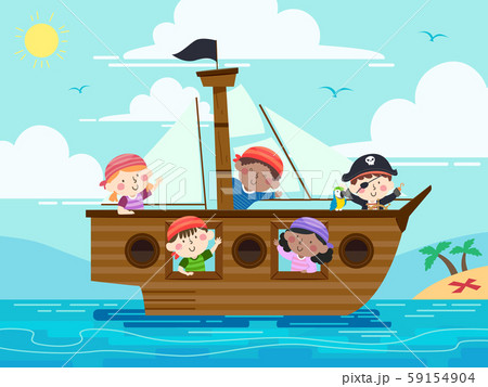 Kids Pirate Ship Wave Sea Illustration Kids Pirate Ship Wave Sea Illustration 59154904