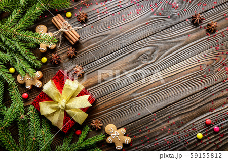 Flat lay Christmas background of red gift box, Flat lay Christmas background of red gift box, 59155812