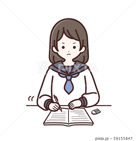 ノートを書いている長袖制服の女子生徒のイラスト素材