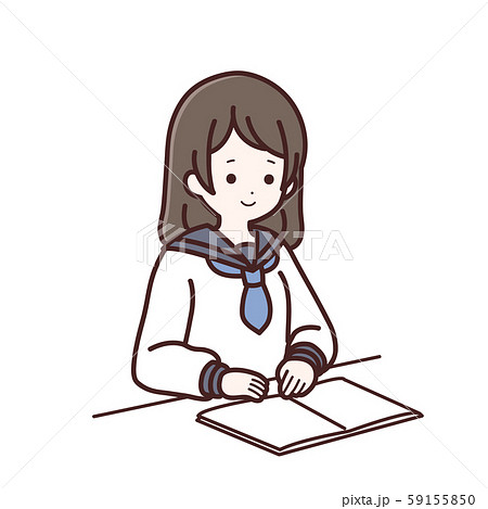 ノートをみている長袖制服の女子生徒のイラスト素材