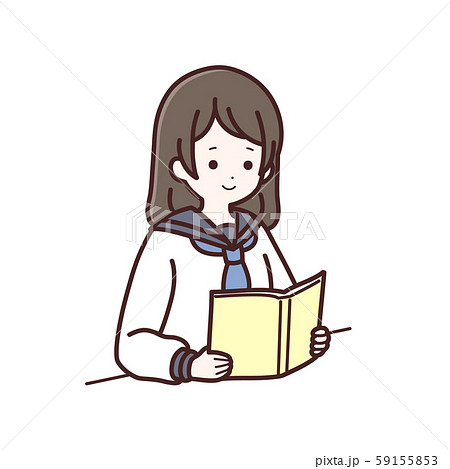 読書をしている長袖制服の女子生徒のイラスト素材
