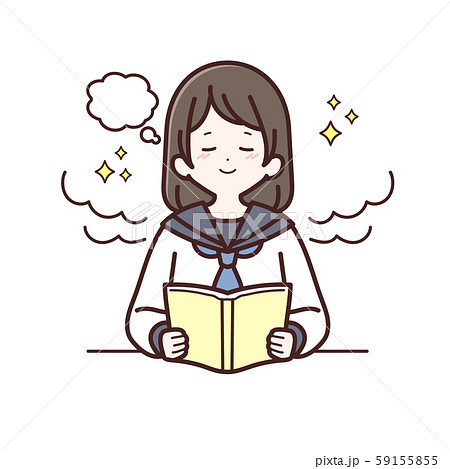 読書をしながら想像している長袖制服の女子生徒 正面のイラスト素材