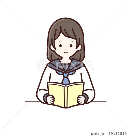 読書をしている長袖制服の女子生徒 正面のイラスト素材