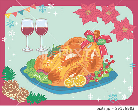 クリスマスディナー素材 七面鳥の丸焼きとワイン 手書き風のイラスト素材