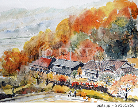 紅葉 風景写生 水彩画 手書き 伊那 中川村 長野県のイラスト素材