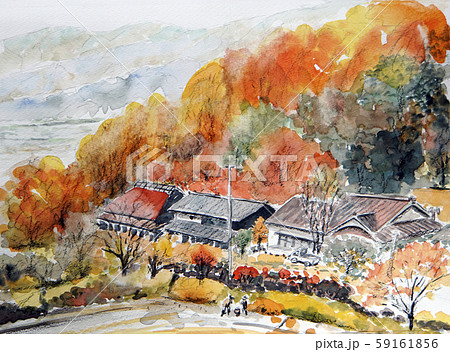 紅葉 風景写生 水彩画 手書き 伊那 中川村 長野県のイラスト素材 ...