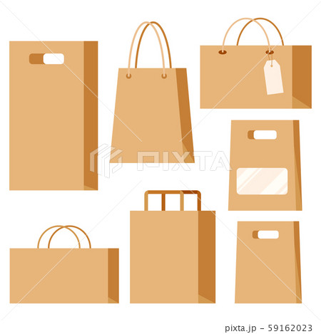 Set of empty kraft brown blank cardboard paper fashion packaging bags with handles isolated on white Set of empty kraft brown blank cardboard paper fashion packaging bags with handles isolated on white 59162023
