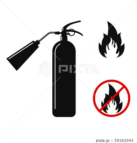 Flat design black fire extinguisher with nozzle silhouette icon, fire and no fire sign crossed out Flat design black fire extinguisher with nozzle silhouette icon, fire and no fire sign crossed out 59162043