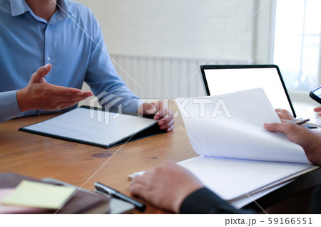 human resource team interviewing candidate for job vacancy. applicant explaining profile for career recruitment 59166551