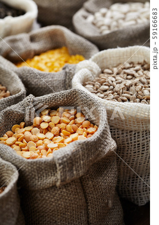 Corn kernel seed meal and grains in bags isolated Corn kernel seed meal and grains in bags isolated 59166683