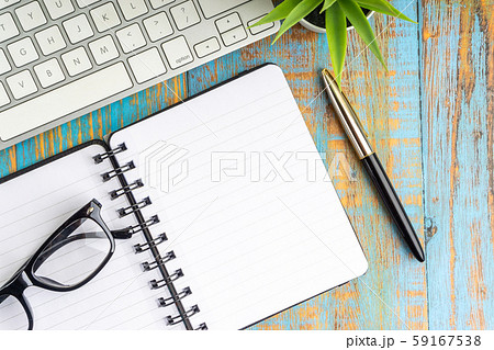 Flat lay composition of book, fountain pen, plant 59167538