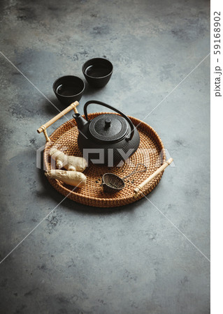 Traditional Asian tea ceremony arrangement, top view Traditional Asian tea ceremony arrangement, top view 59168902