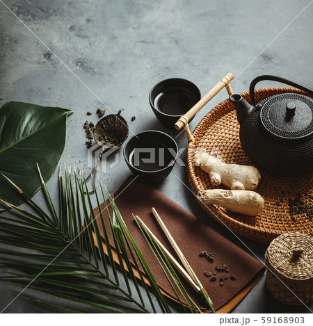 Traditional Asian tea ceremony arrangement, top view Traditional Asian tea ceremony arrangement, top view 59168903