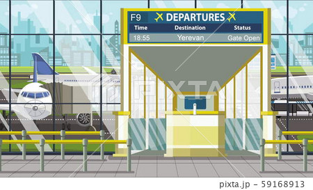 Departure board in the airport terminal with Yerevan caption. Travel to Armenia cartoon illustration Departure board in the airport terminal with Yerevan caption. Travel to Armenia cartoon illustration 59168913