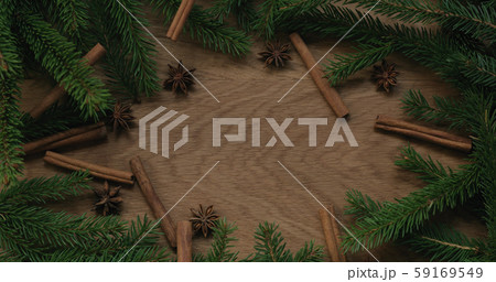 Top view christmas composition with spruce branches and natural decorations 59169549