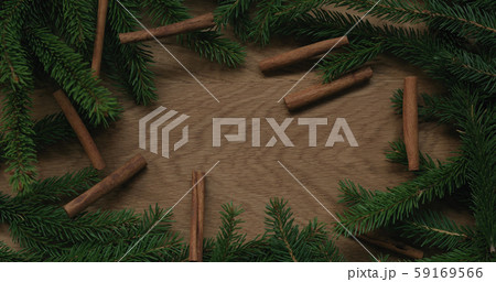 Top view christmas composition with spruce branches and natural decorations 59169566