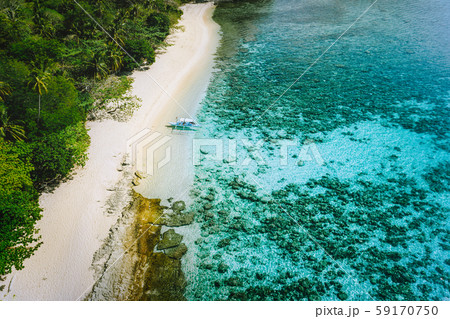 Aerial view of tourist boat at tropical sandy beach with coconut palm trees in El Nido, Palawan 59170750
