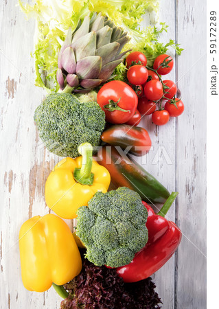 Organic food background, fresh vegetables old light wooden shabby background, healthy food and clean eating concept with copy space, natural condition Organic food background, fresh vegetables old light wooden shabby background, healthy food and clean eating concept with copy space, natural condition 59172289
