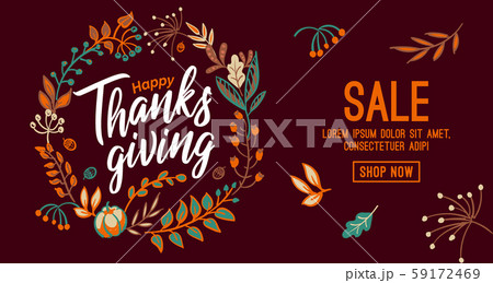 Hand drawn Happy Thanksgiving typography in autumn wreath banner. Celebration text with berries and Hand drawn Happy Thanksgiving typography in autumn wreath banner. Celebration text with berries and 59172469
