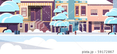 city building houses exterior modern town snowy street in winter season sunset snowfall cityscape 59172867