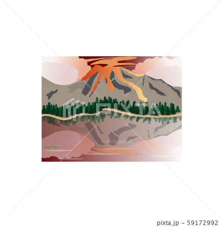 scene of volcano pines forest lake and red sky scene of volcano pines forest lake and red sky 59172992