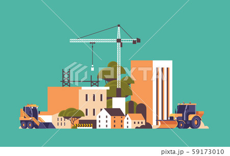 modern construction site with cranes tractor and bulldozer unfinished building exterior flat 59173010
