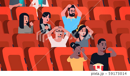 people group watching horror movie and screaming sitting in cinema with popcorn and cola mix race 59173014