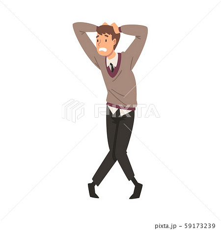 Scared and Panicked Man with Fear Expression, Emotional Frightened Person Character Clasped his Head 59173239