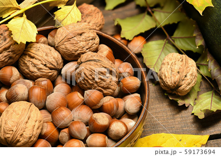 Fruits and vegetables with apples, corn, nuts, 59173694
