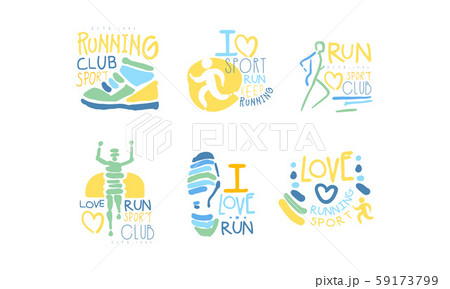 Vetor de Running Sport Club Logo Set, I Love Run Retro Hand Drawn