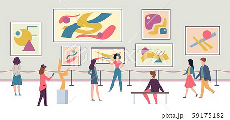 People in gallery. Walking tourists and expo fashion stand with artworks or exhibition abstract 59175182