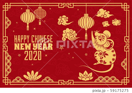 Chinese new year. 2020 red concept with golden rat, traditional orient patterns. Zodiacal mouse 59175275
