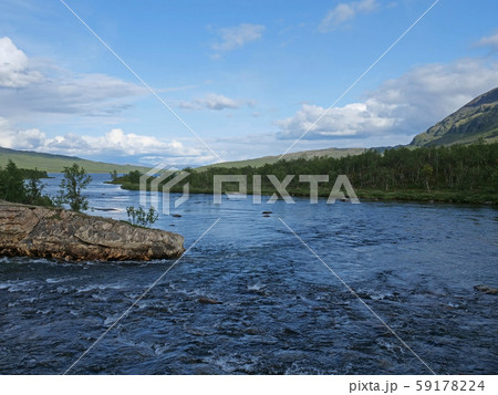 Landscape with a blue glaciar river Abiskojokk, 59178224