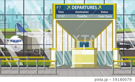 Flight to Seattle on airport departure board. Trip to the United States cartoon illustration Flight to Seattle on airport departure board. Trip to the United States cartoon illustration 59180079