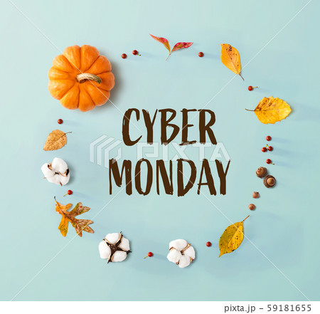 Cyber Monday banner with autumn leaves and orange pumpkin 59181655