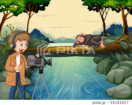 Scene with man filming in the woods Scene with man filming in the woods 59183927