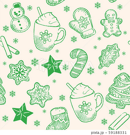 スケッチ風クリスマスのパターン素材 クッキーや暖かいコーヒー ビンテージ風 のイラスト素材 5911