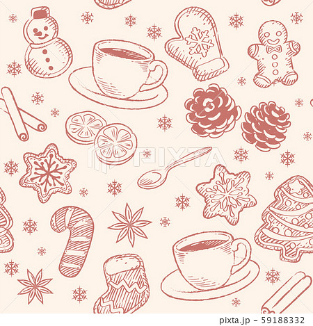 スケッチ風クリスマスのパターン素材 クッキーや暖かいコーヒー ビンテージ風 のイラスト素材 5912