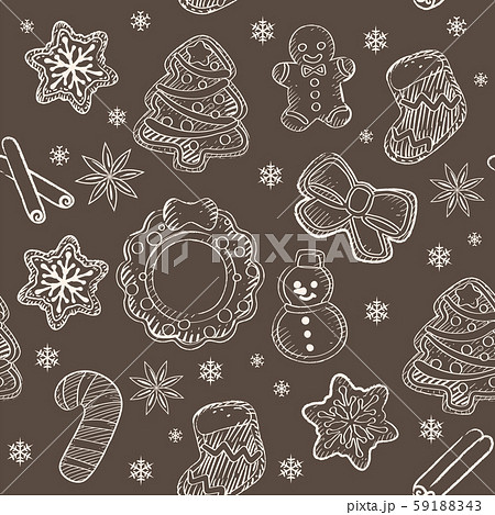 スケッチ風クリスマス素材によるパターン アイシングクッキーなどのスイーツのイラスト素材