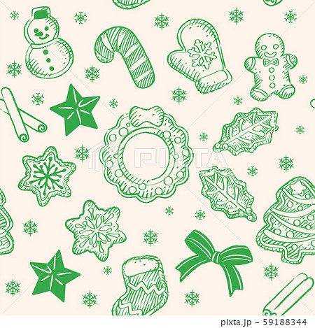 スケッチ風クリスマス素材によるパターン アイシングクッキーなどのスイーツのイラスト素材