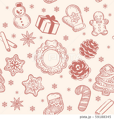 スケッチ風クリスマス素材によるパターン アイシングクッキーなどのスイーツのイラスト素材