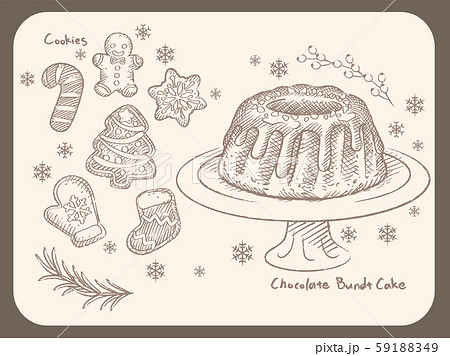 スケッチ風クリスマス素材 クグロフ アイシングクッキーなどのスイーツのイラスト素材