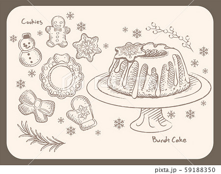 スケッチ風クリスマス素材 クグロフ アイシングクッキーなどのスイーツのイラスト素材