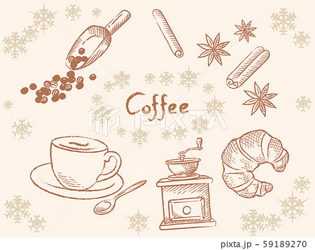 冬 クリスマスのカフェがテーマの素材 温かいコーヒーとパン オーナメントのイラスト素材