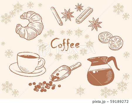冬 クリスマスのカフェがテーマの素材 温かいコーヒーとパン オーナメントのイラスト素材